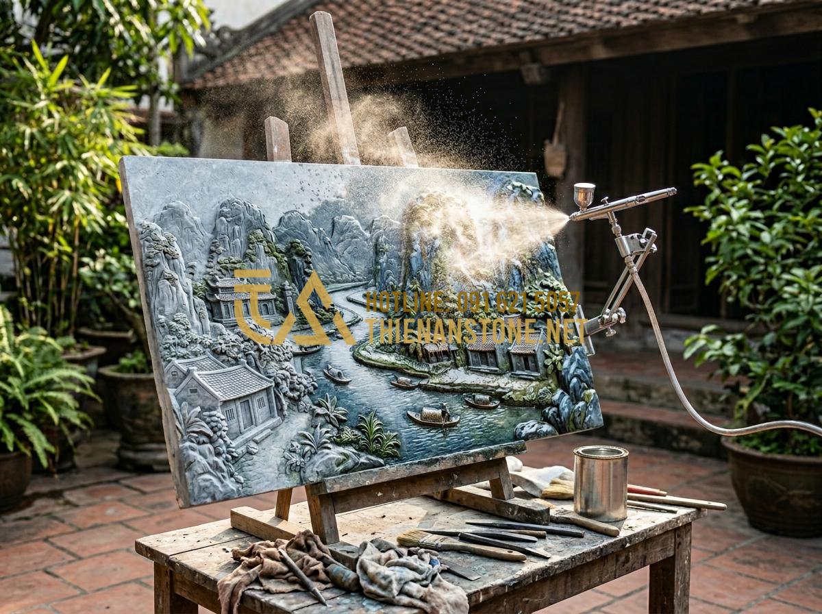 Kỹ thuật vẽ tranh 3D trên đá cuội: Bí quyết tạo chiều sâu cho tác phẩm - Tạo ảnh tiếng Anh: An artist spraying a fine mist of clear protective varnish ov