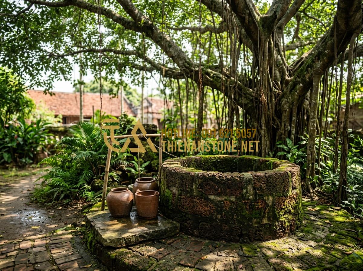 Kỹ thuật xây giếng đá ong cổ kính - Giữ trọn nét đẹp truyền thống Việt - Tạo ảnh tiếng Anh: A nostalgic scene of an ancient Vietnamese village well made