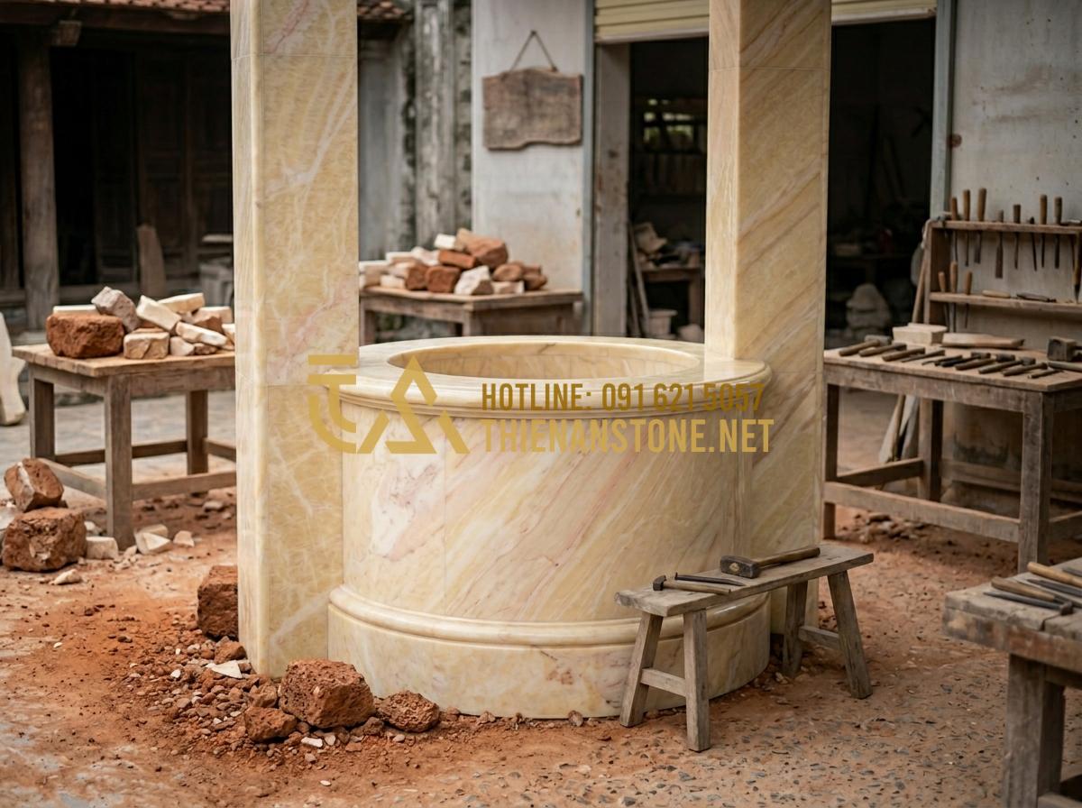 Kỹ thuật xây giếng đá ong cổ kính - Giữ trọn nét đẹp truyền thống Việt - Tạo ảnh tiếng Anh: The professional team of Thien An Stone workshop, standing in