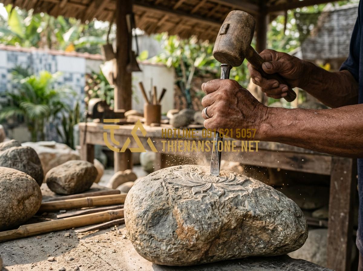 Kỹ thuật xây giếng đá ong cổ kính - Giữ trọn nét đẹp truyền thống Việt - Tạo ảnh tiếng Anh: A skilled artisan using traditional hand tools to carve and s
