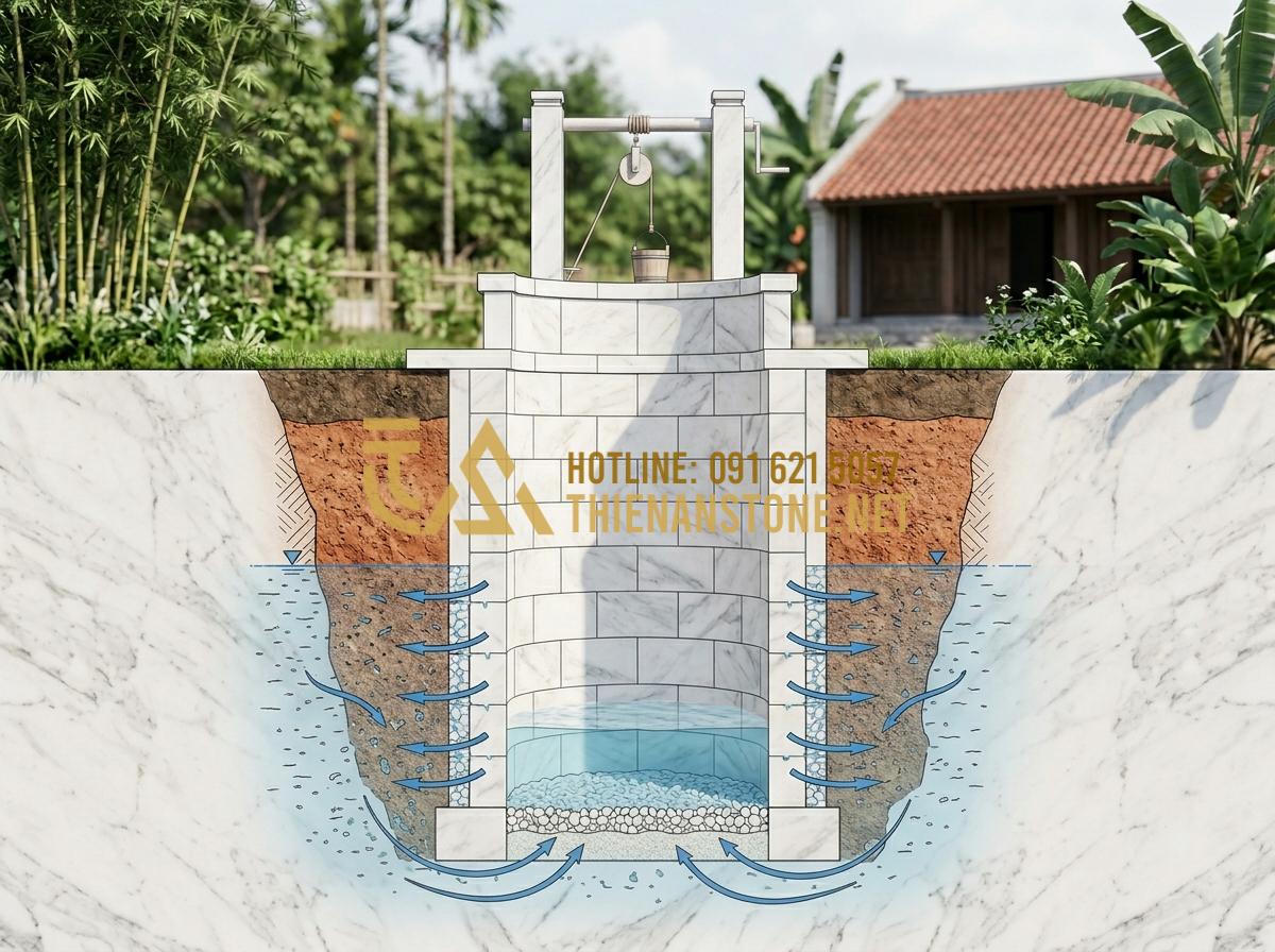Kỹ thuật xây giếng đá ong cổ kính - Giữ trọn nét đẹp truyền thống Việt - Tạo ảnh tiếng Anh: Technical drawing or cross-section illustration showing the i