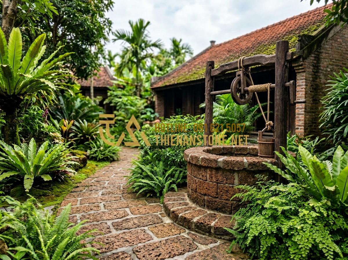 Kỹ thuật xây giếng đá ong cổ kính - Giữ trọn nét đẹp truyền thống Việt - Tạo ảnh tiếng Anh: A beautifully landscaped garden featuring a traditional later