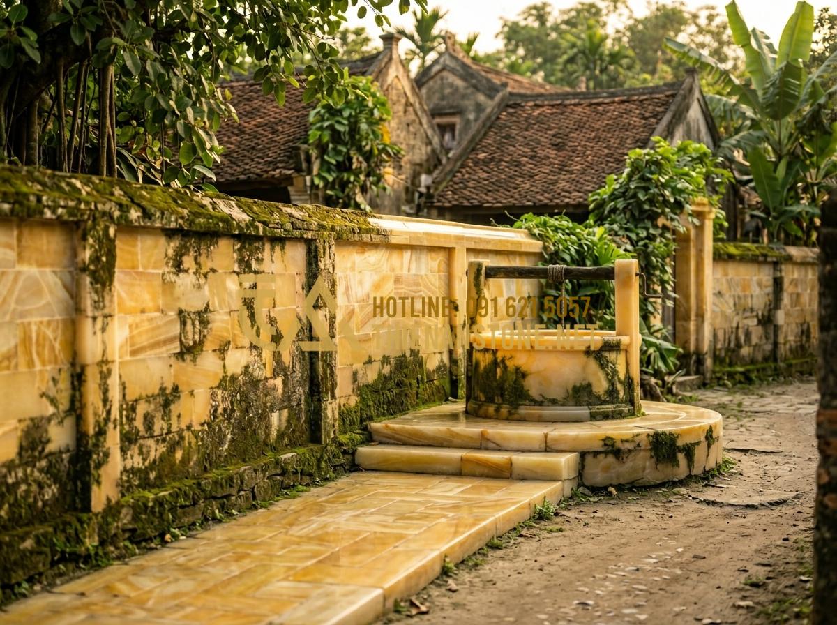 Kỹ thuật xây giếng đá ong cổ kính - Giữ trọn nét đẹp truyền thống Việt - Tạo ảnh tiếng Anh: Long-shot of an old laterite stone wall and well in a histori