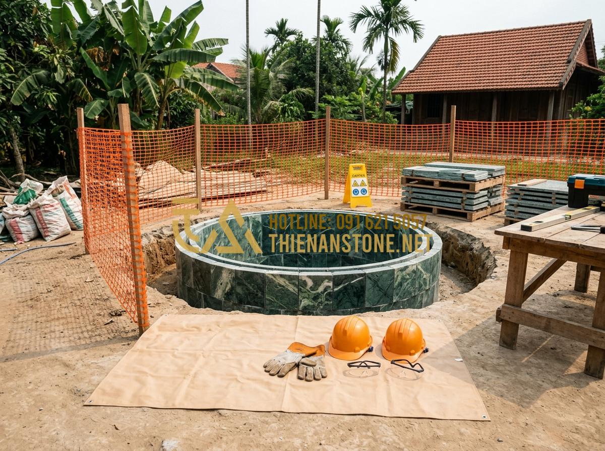 Kỹ thuật xây giếng đá ong cổ kính - Giữ trọn nét đẹp truyền thống Việt - Tạo ảnh tiếng Anh: Safety measures in traditional well construction, professiona