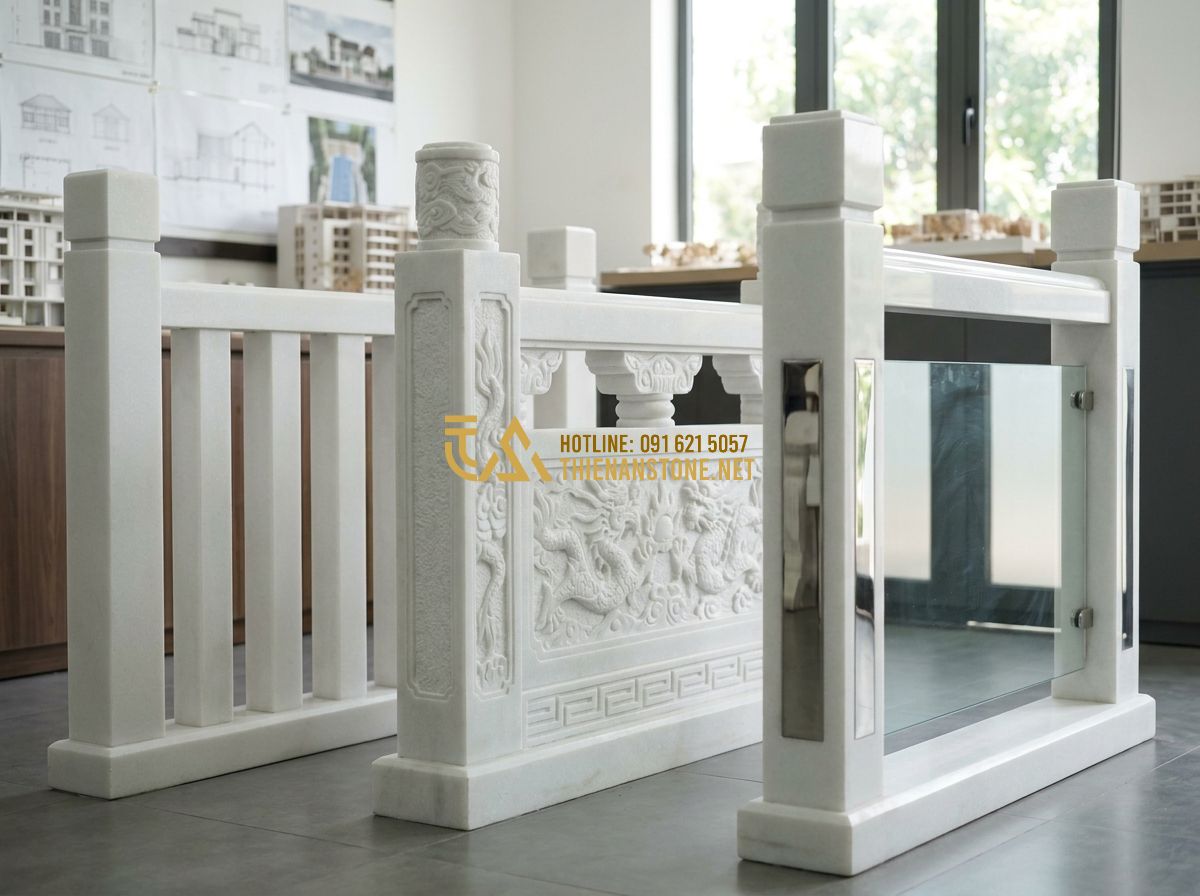 Lan Can Đá Đẹp 2026: 150+ Mẫu Lan Can Đá Tự Nhiên Hoa Cương Sang Trọng Cho Nhà & Mộ - Hình 2 Lan Can Đá Đẹp 2026: 150+ Mẫu Lan Can Đá Tự Nhiên Hoa Cương Sang Trọng Cho Nhà & Mộ - Tạo ảnh tiếng Anh: A professional comparison display of three types of stone rai