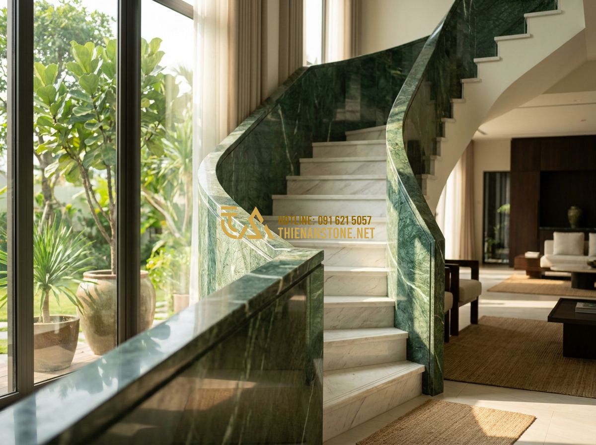 Lan Can Đá Đẹp 2026: 150+ Mẫu Lan Can Đá Tự Nhiên Hoa Cương Sang Trọng Cho Nhà & Mộ - Hình 3 Lan Can Đá Đẹp 2026: 150+ Mẫu Lan Can Đá Tự Nhiên Hoa Cương Sang Trọng Cho Nhà & Mộ - Tạo ảnh tiếng Anh: Interior of a luxurious modern villa featuring a majestic whi