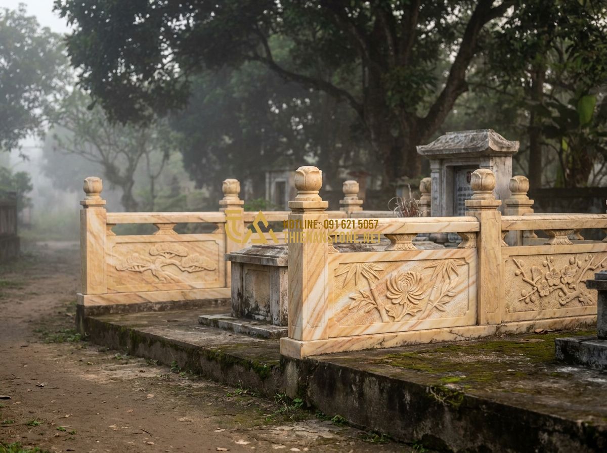 Lan Can Đá Đẹp 2026: 150+ Mẫu Lan Can Đá Tự Nhiên Hoa Cương Sang Trọng Cho Nhà & Mộ - Hình 2 Lan Can Đá Đẹp 2026: 150+ Mẫu Lan Can Đá Tự Nhiên Hoa Cương Sang Trọng Cho Nhà & Mộ - Tạo ảnh tiếng Anh: A serene and solemn ancestral graveyard area at dawn, surroun