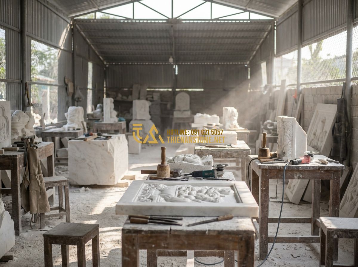 Lan Can Đá Đẹp 2026: 150+ Mẫu Lan Can Đá Tự Nhiên Hoa Cương Sang Trọng Cho Nhà & Mộ - Hình 3 Lan Can Đá Đẹp 2026: 150+ Mẫu Lan Can Đá Tự Nhiên Hoa Cương Sang Trọng Cho Nhà & Mộ - Tạo ảnh tiếng Anh: Skilled craftsmen working in a large stone workshop, using tr