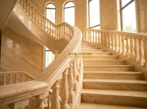 Lan Can Đá Hoa Cương Tự Nhiên Đẹp: Mẫu Lan Can Đá Hoa Cương Cao Cấp Cho Cầu Thang & Lan Can Nhà - Detailed professional architectural photo of a grand interior staircase with pol