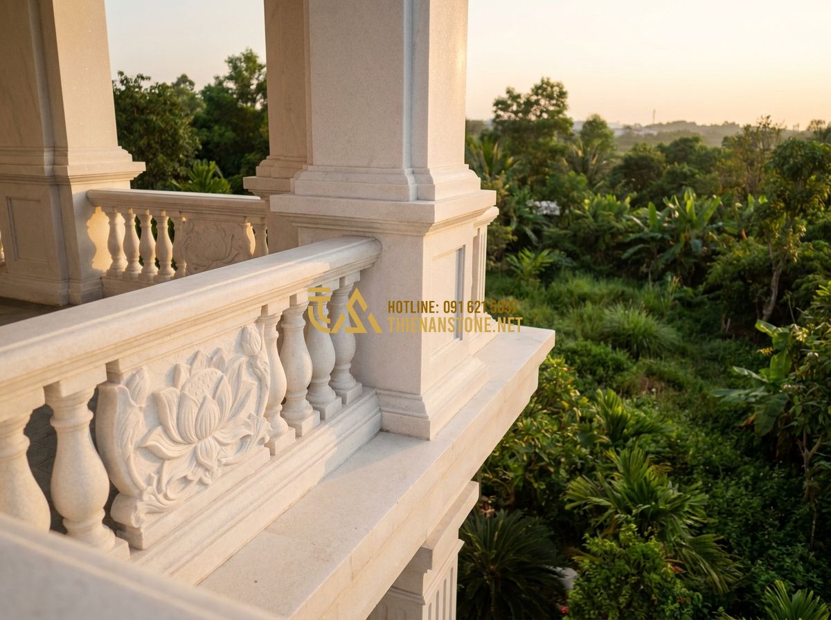 Lan Can Đá Hoa Cương Tự Nhiên Đẹp: Mẫu Lan Can Đá Hoa Cương Cao Cấp Cho Cầu Thang & Lan Can Nhà - Hình 4 Lan Can Đá Hoa Cương Tự Nhiên Đẹp: Mẫu Lan Can Đá Hoa Cương Cao Cấp Cho Cầu Thang & Lan Can Nhà - A wide shot of a neoclassical mansion balcony featuring ornate granite balustrad
