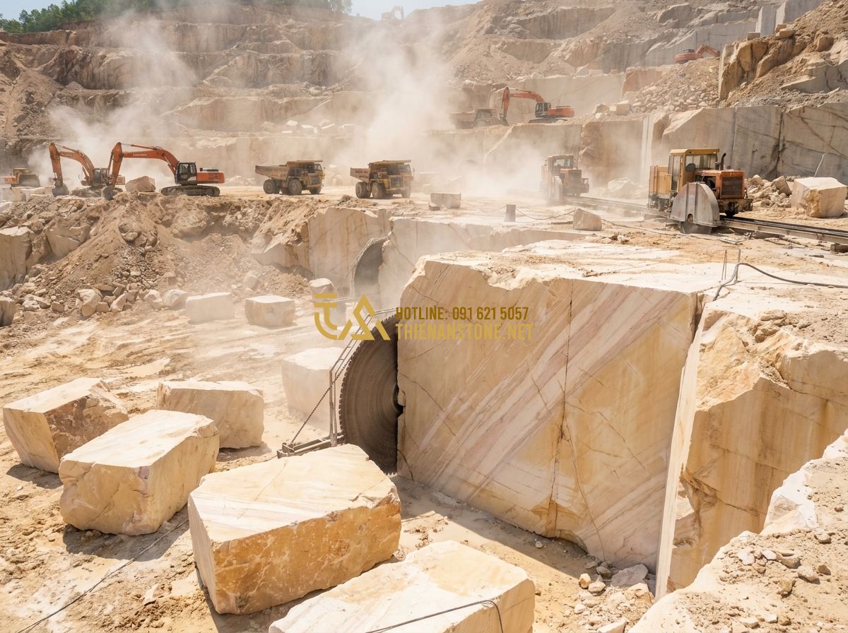 Lan Can Đá Hoa Cương Tự Nhiên Đẹp: Mẫu Lan Can Đá Hoa Cương Cao Cấp Cho Cầu Thang & Lan Can Nhà - Hình 5 Lan Can Đá Hoa Cương Tự Nhiên Đẹp: Mẫu Lan Can Đá Hoa Cương Cao Cấp Cho Cầu Thang & Lan Can Nhà - A fleet of heavy machinery and giant saws cutting through massive blocks of raw
