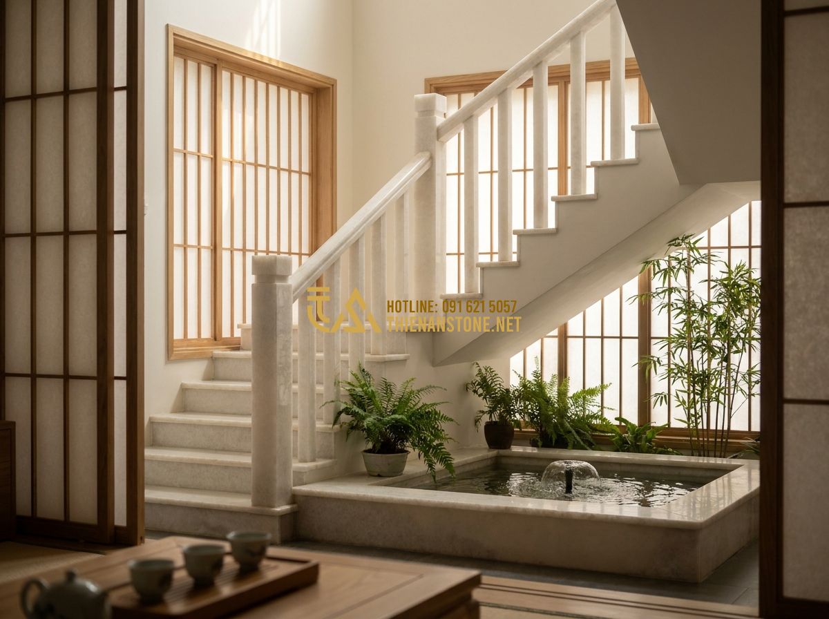 Lan Can Đá Hoa Cương Tự Nhiên Đẹp: Mẫu Lan Can Đá Hoa Cương Cao Cấp Cho Cầu Thang & Lan Can Nhà - Hình 6 Lan Can Đá Hoa Cương Tự Nhiên Đẹp: Mẫu Lan Can Đá Hoa Cương Cao Cấp Cho Cầu Thang & Lan Can Nhà - A serene Zen-style home interior with a granite balustrade staircase, a small in
