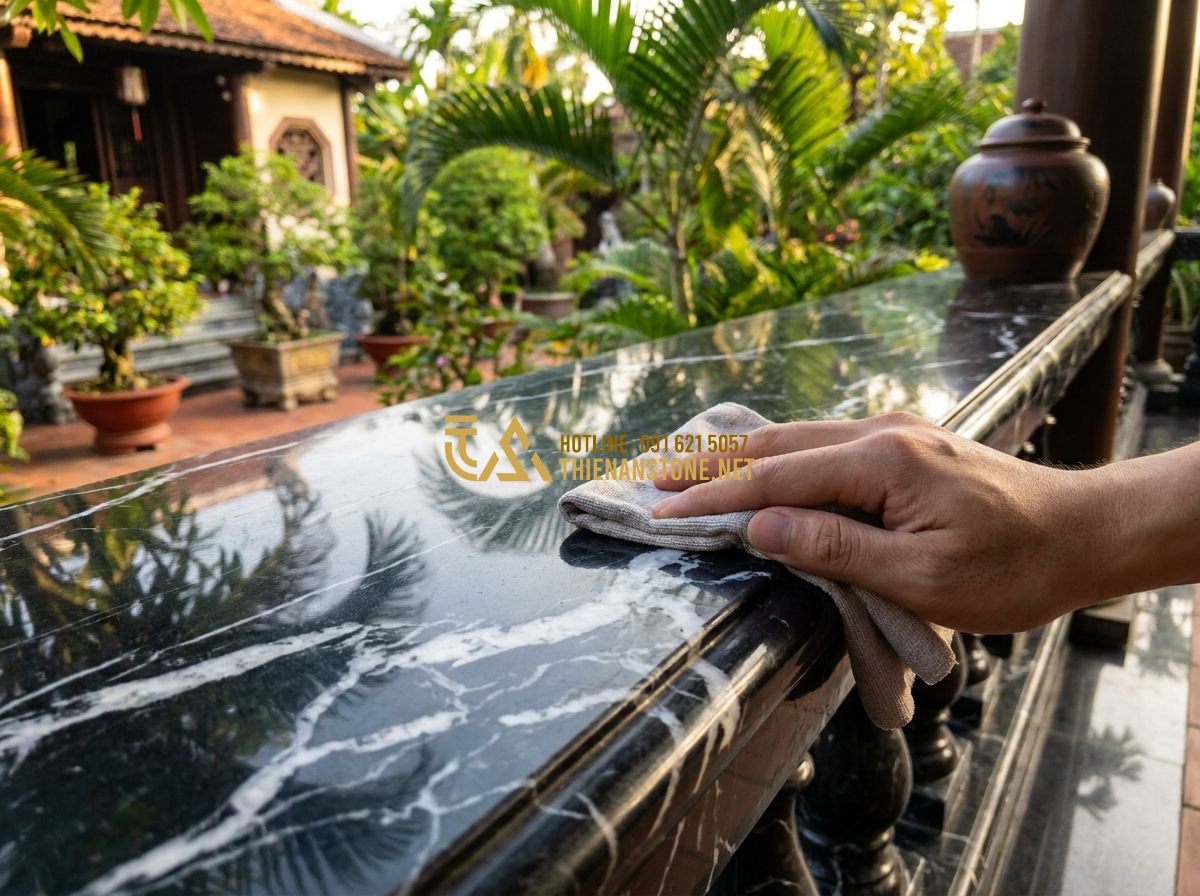 Lan Can Đá Hoa Cương Tự Nhiên Đẹp: Mẫu Lan Can Đá Hoa Cương Cao Cấp Cho Cầu Thang & Lan Can Nhà - Hình 7 Lan Can Đá Hoa Cương Tự Nhiên Đẹp: Mẫu Lan Can Đá Hoa Cương Cao Cấp Cho Cầu Thang & Lan Can Nhà - A homeowner gently wiping the surface of a sleek black granite balustrade with a