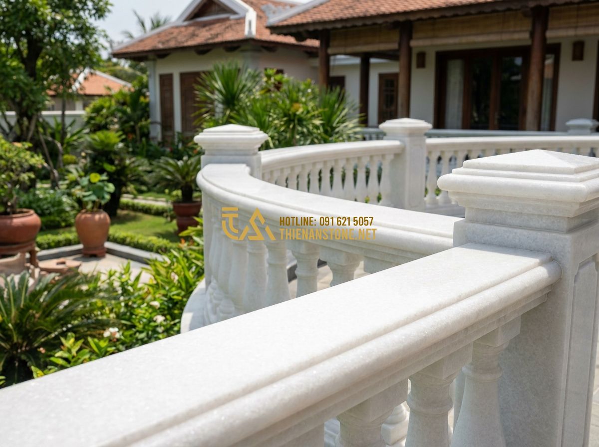Lan Can Đá Trắng Tự Nhiên: Ưu Điểm & Mẫu Lan Can Đá Trắng Sang Trọng - Hình 1 Lan Can Đá Trắng Tự Nhiên: Ưu Điểm & Mẫu Lan Can Đá Trắng Sang Trọng - Professional photography of a majestic white natural stone balustrade surroundin