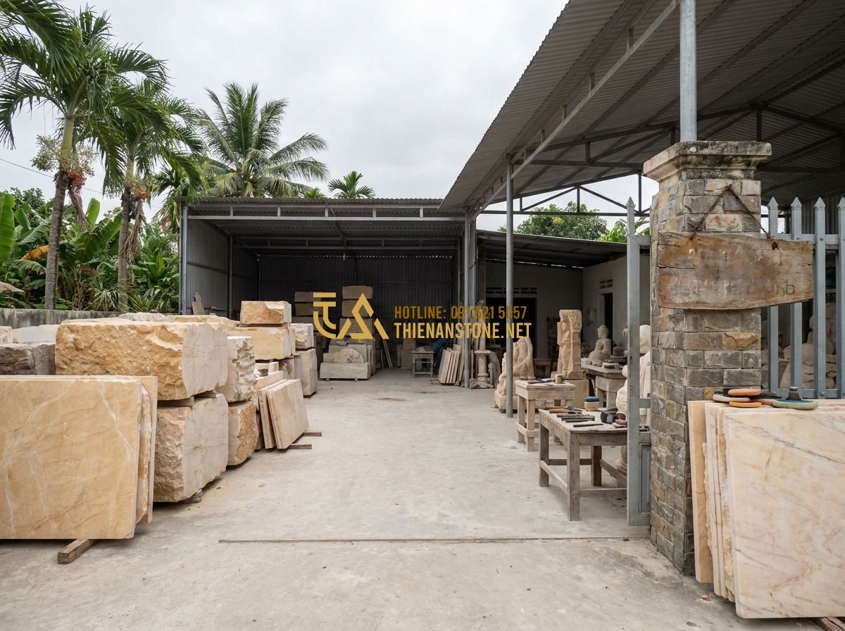 Lan Can Đá Trắng Tự Nhiên: Ưu Điểm & Mẫu Lan Can Đá Trắng Sang Trọng - Hình 13 Lan Can Đá Trắng Tự Nhiên: Ưu Điểm & Mẫu Lan Can Đá Trắng Sang Trọng - Exterior of the Thien An Stone workshop, showcasing large blocks of white marble