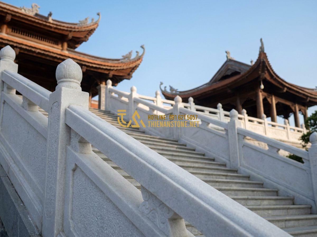 Lan Can Đá Trắng Tự Nhiên: Ưu Điểm & Mẫu Lan Can Đá Trắng Sang Trọng - Hình 7 Lan Can Đá Trắng Tự Nhiên: Ưu Điểm & Mẫu Lan Can Đá Trắng Sang Trọng - Architecture of a grand Buddhist temple in Vietnam featuring extensive white sto