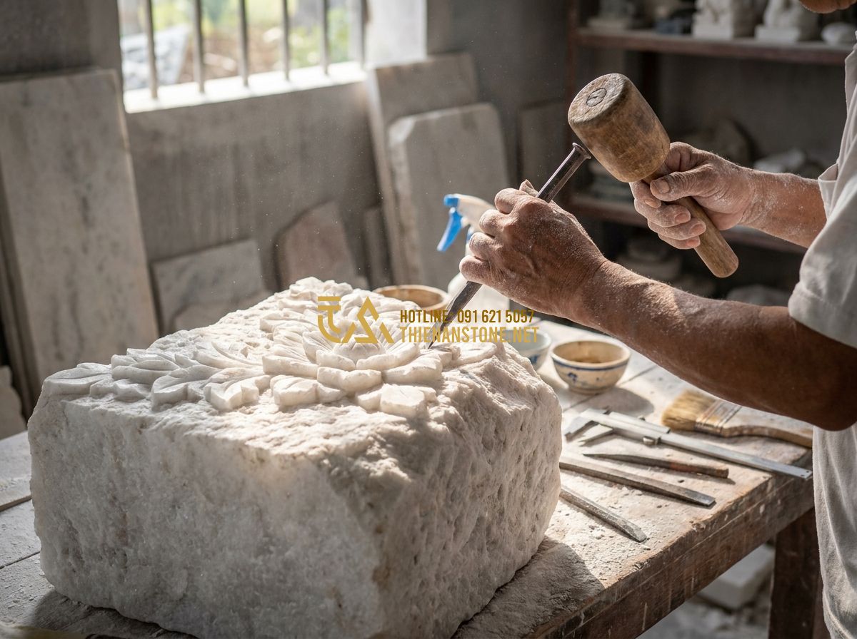 Lan Can Đá Trắng Tự Nhiên: Ưu Điểm & Mẫu Lan Can Đá Trắng Sang Trọng - Hình 9 Lan Can Đá Trắng Tự Nhiên: Ưu Điểm & Mẫu Lan Can Đá Trắng Sang Trọng - A skilled artisan in a dusty workshop using traditional tools to carve intricate