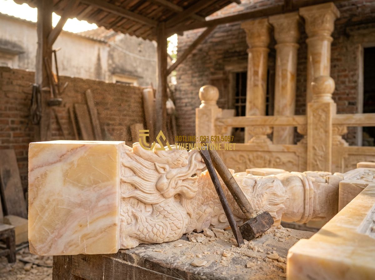 Lan Can Đá Xanh Lào Cai & Ninh Bình: Đặc Điểm & Ứng Dụng Thực Tế - Hình 2 Lan Can Đá Xanh Lào Cai & Ninh Bình: Đặc Điểm & Ứng Dụng Thực Tế - Tạo ảnh tiếng Anh: [A professional workshop scene showing skilled artisans carvi
