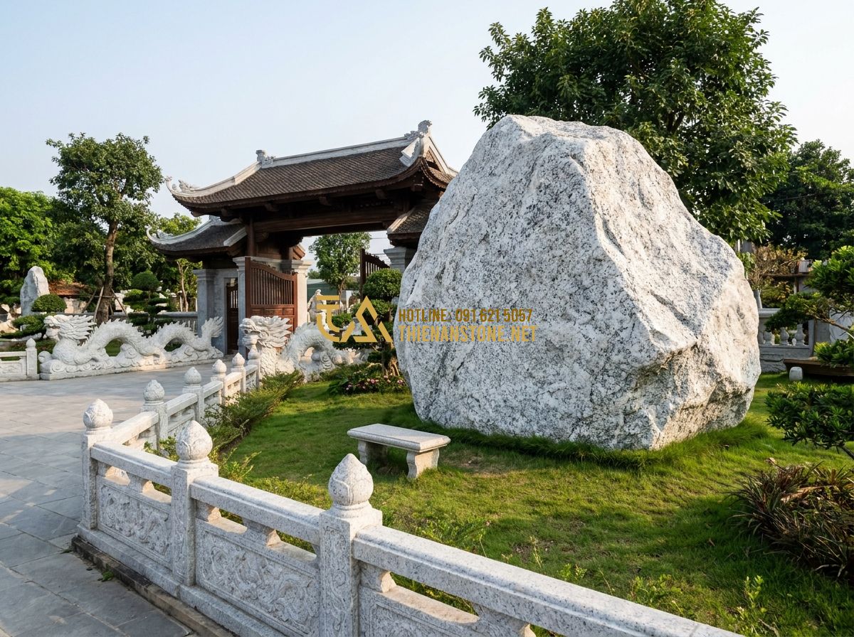 Lan Can Mộ Đá Đẹp: Mẫu Lan Can Lăng Mộ Đá Xanh, Đá Trắng Mỹ Nghệ Chuẩn Phong Thủy - The entrance of Thien An Stone Workshop in Phu Tho province, showcasing a grand