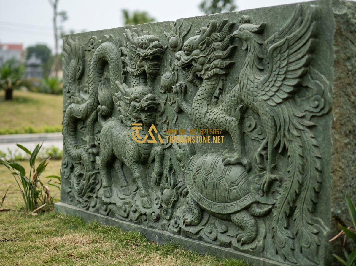 Lan Can Mộ Đá Đẹp: Mẫu Lan Can Lăng Mộ Đá Xanh, Đá Trắng Mỹ Nghệ Chuẩn Phong Thủy - Detailed close-up of stone carvings on a traditional Vietnamese tomb fence, depi