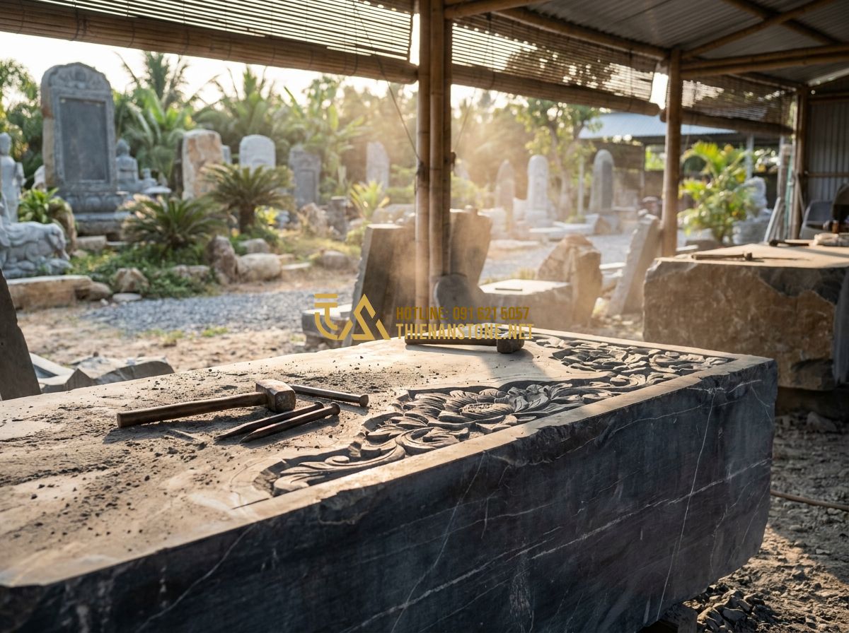 Lan Can Mộ Đá Đẹp: Mẫu Lan Can Lăng Mộ Đá Xanh, Đá Trắng Mỹ Nghệ Chuẩn Phong Thủy - A skilled artisan at Thien An Stone Workshop carefully carving intricate floral
