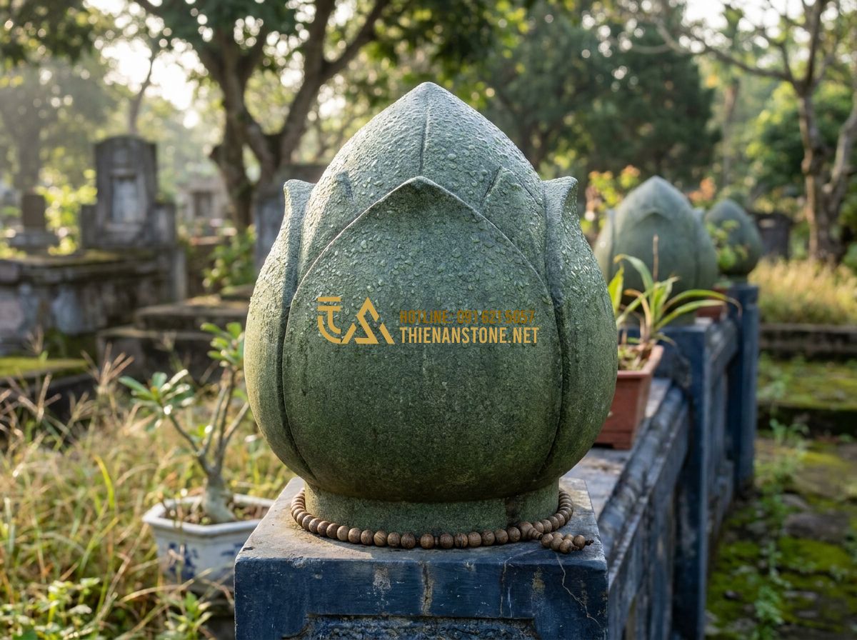 Lan Can Mộ Đá Đẹp: Mẫu Lan Can Lăng Mộ Đá Xanh, Đá Trắng Mỹ Nghệ Chuẩn Phong Thủy - Close-up photo of a stone column cap shaped like a lotus bud, shimmering under m