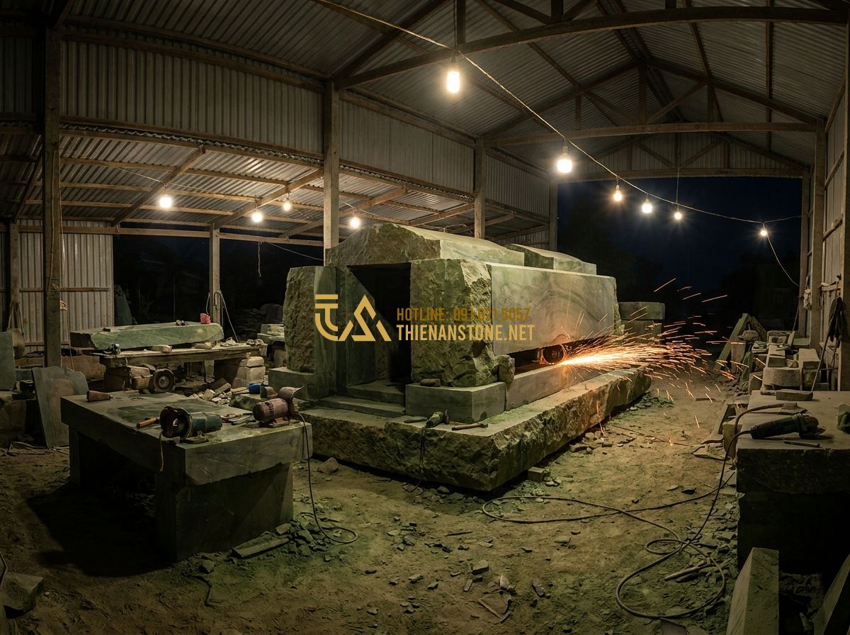 Lan Can Mộ Đá Đẹp: Mẫu Lan Can Lăng Mộ Đá Xanh, Đá Trắng Mỹ Nghệ Chuẩn Phong Thủy - A panoramic view of a large stone workshop at night, warmly lit by overhead lamp