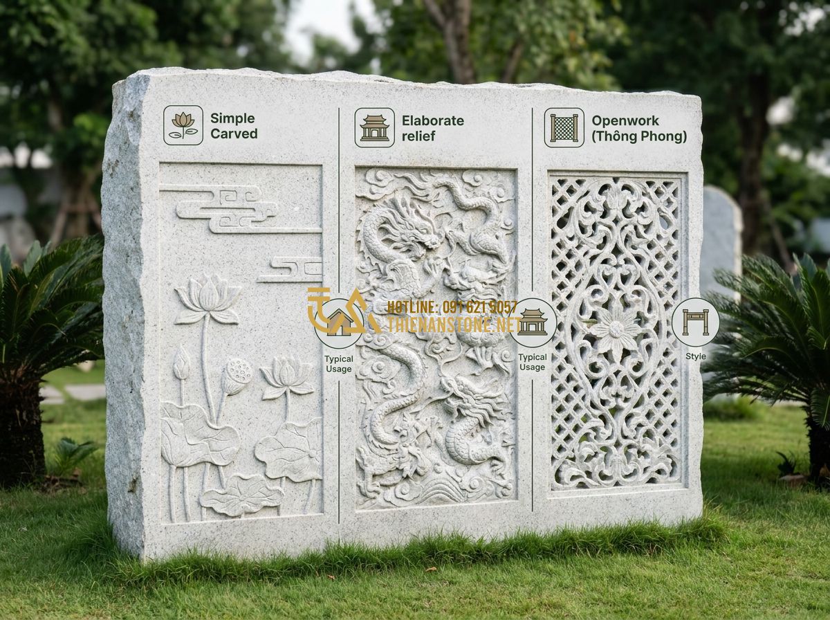 Lan Can Mộ Đá Đẹp: Mẫu Lan Can Lăng Mộ Đá Xanh, Đá Trắng Mỹ Nghệ Chuẩn Phong Thủy - Infographic style image showing different stone fence types with labels: Simple