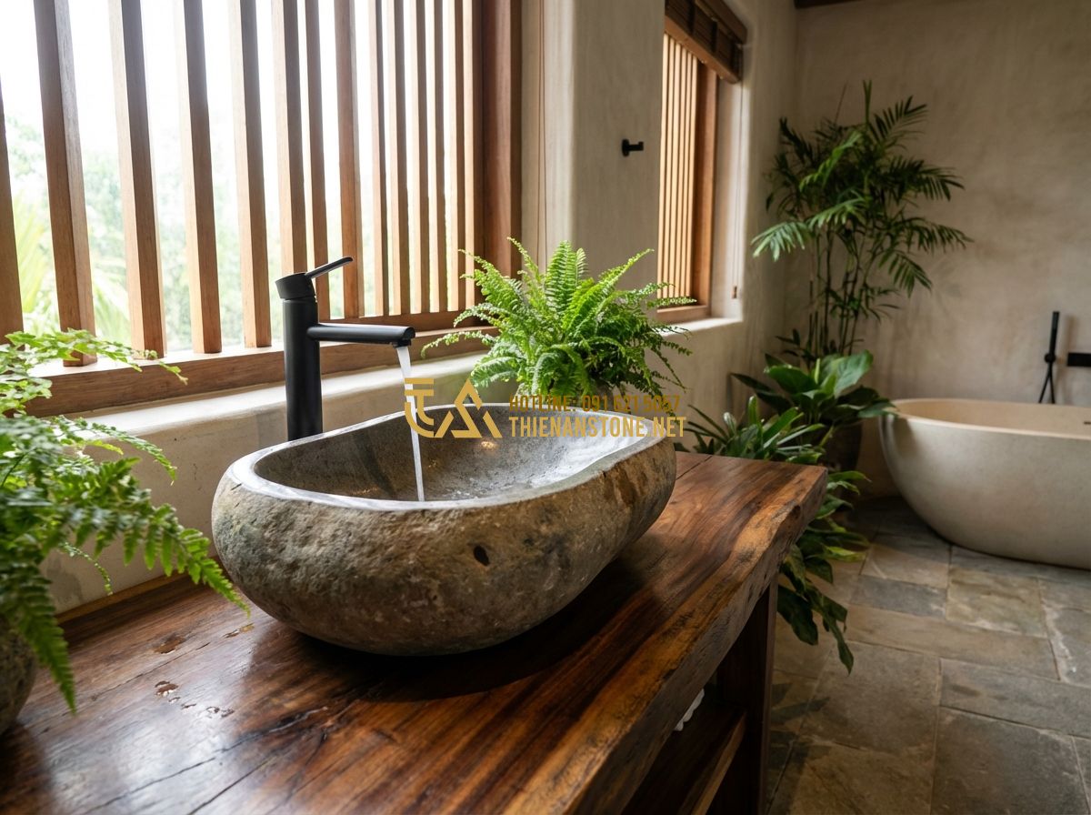 Lavabo Đá Cuội Tự Nhiên Đẹp – Xu Hướng Thiết Kế Phòng Tắm Sang Trọng 2024 - Tạo ảnh tiếng Anh: A high-end luxury bathroom interior with a focus on a natural