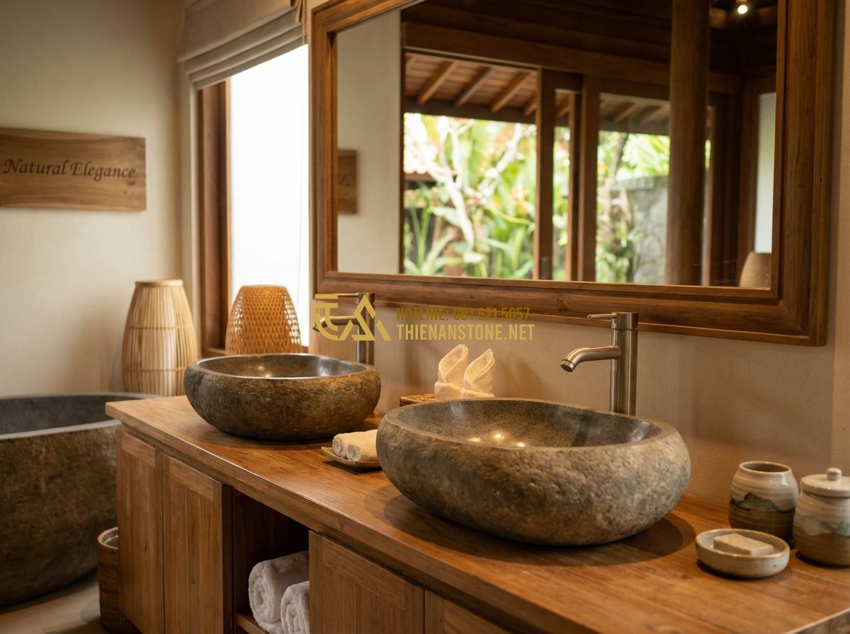 Lavabo Đá Cuội Tự Nhiên Đẹp – Xu Hướng Thiết Kế Phòng Tắm Sang Trọng 2024 - Tạo ảnh tiếng Anh: A warm, inviting final shot of a complete luxury bathroom fea