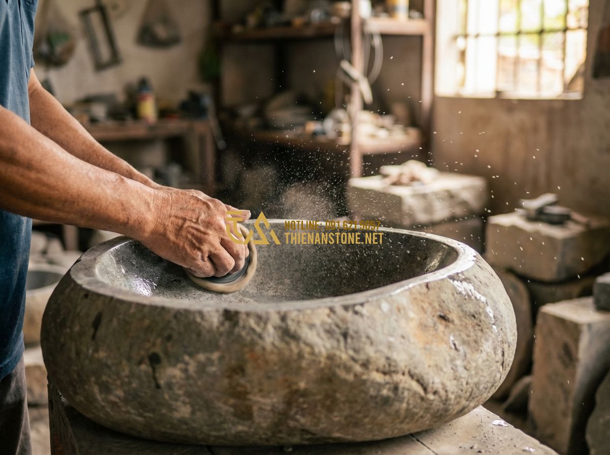 Lavabo Đá Cuội Tự Nhiên Đẹp – Xu Hướng Thiết Kế Phòng Tắm Sang Trọng 2024 - Tạo ảnh tiếng Anh: Close-up shot of a craftsman's hands carefully polishing the
