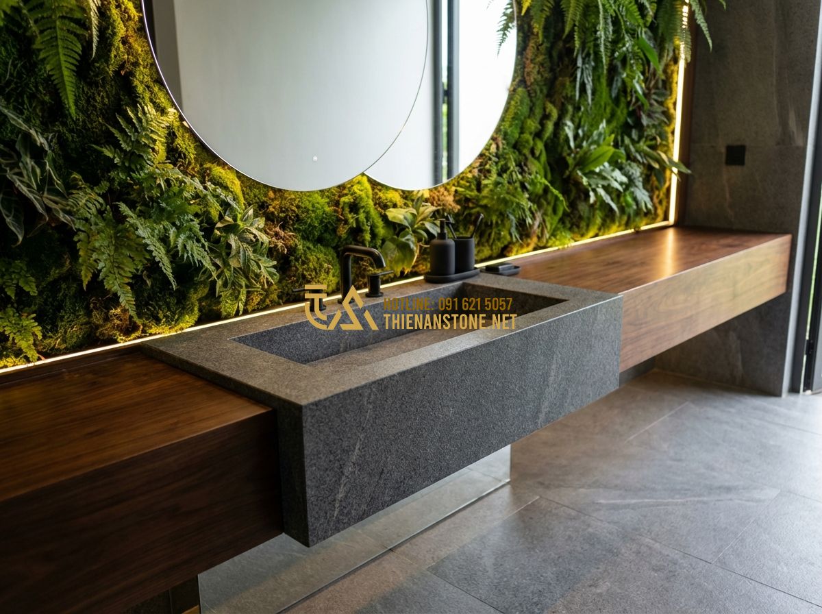 Lavabo Đá Cuội Tự Nhiên Đẹp – Xu Hướng Thiết Kế Phòng Tắm Sang Trọng 2024 - Tạo ảnh tiếng Anh: A minimalist bathroom design featuring a natural stone washba