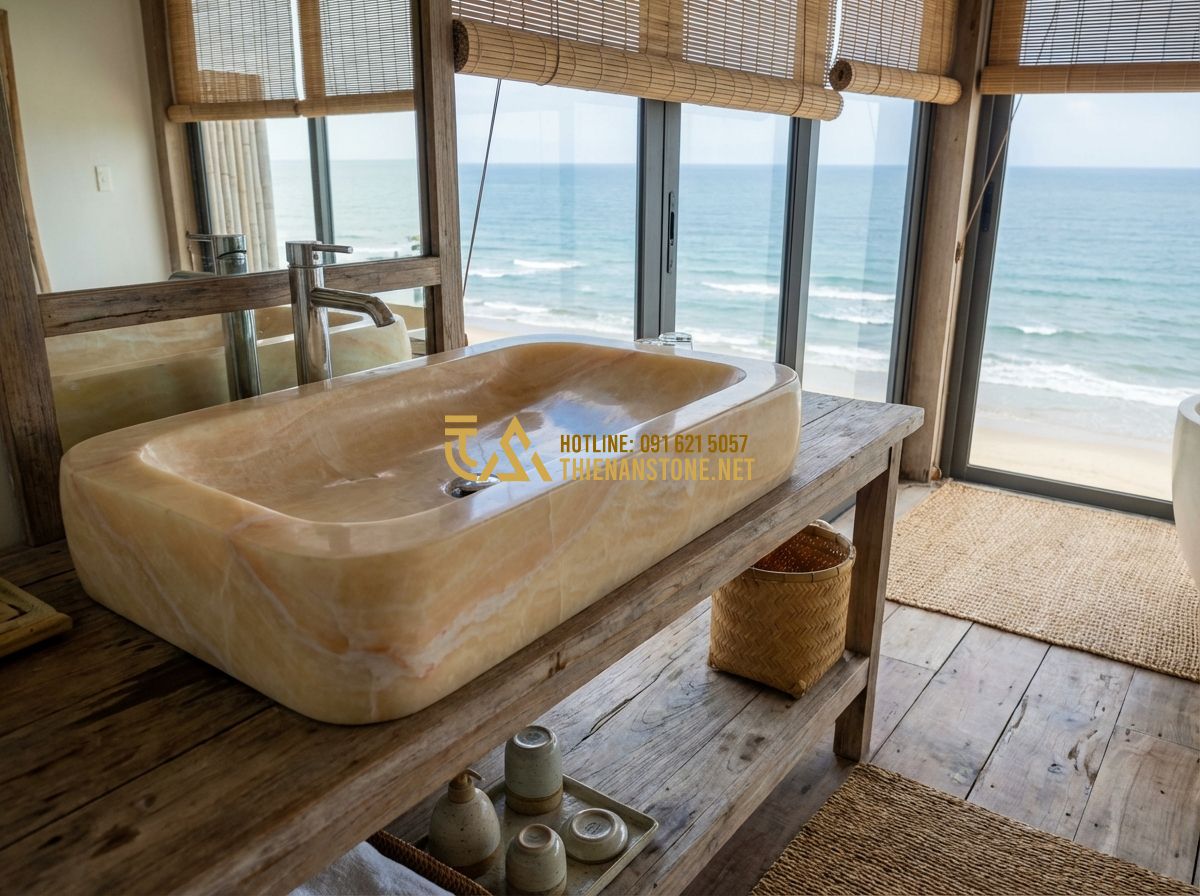 Lavabo Đá Cuội Tự Nhiên Đẹp – Xu Hướng Thiết Kế Phòng Tắm Sang Trọng 2024 - Tạo ảnh tiếng Anh: A beautiful boutique hotel bathroom overlooking the sea in Da
