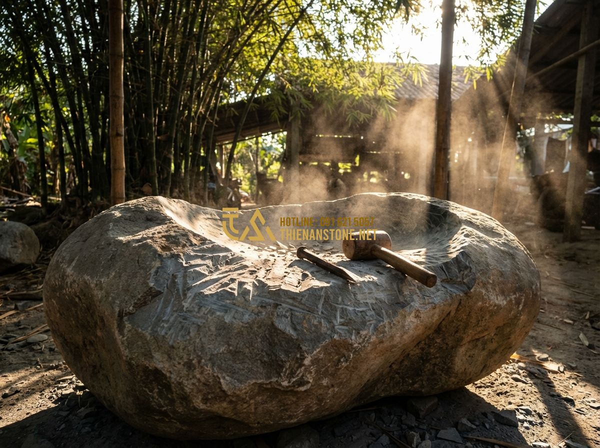 Lavabo Đá Cuội Tự Nhiên Đẹp – Xu Hướng Thiết Kế Phòng Tắm Sang Trọng 2024 - Tạo ảnh tiếng Anh: Artistic shot of a stone artisan using a traditional chisel a