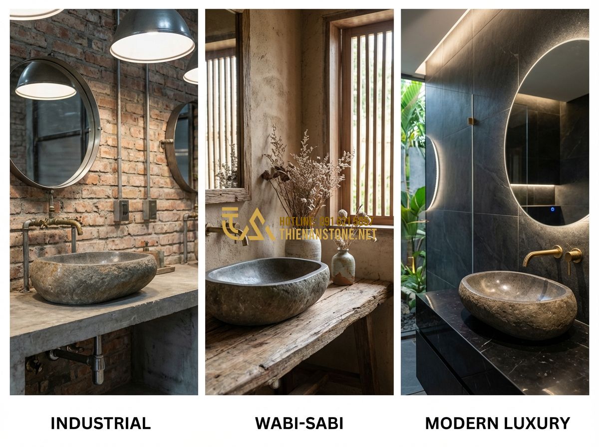 Lavabo Đá Cuội Tự Nhiên Đẹp – Xu Hướng Thiết Kế Phòng Tắm Sang Trọng 2024 - Tạo ảnh tiếng Anh: A collage showing three different bathroom styles: Industrial