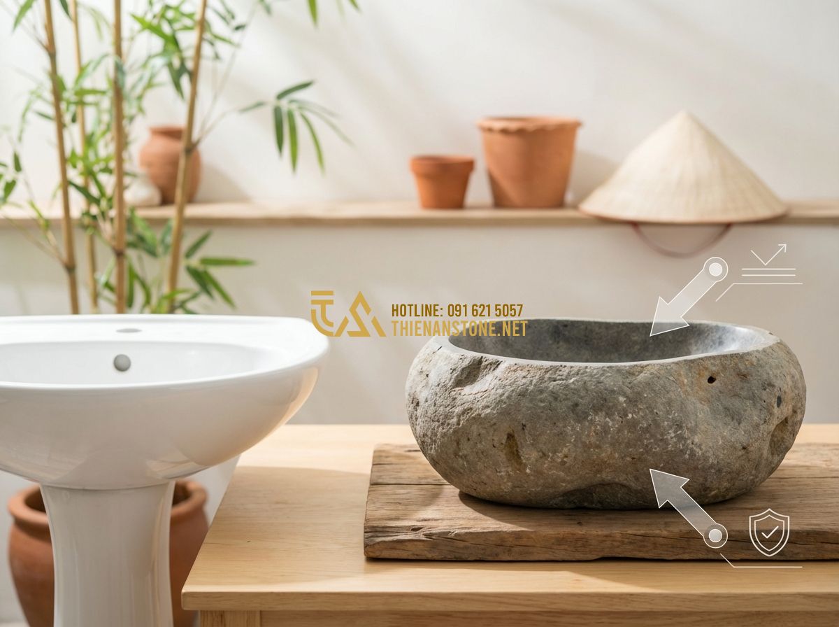 Lavabo Đá Cuội Tự Nhiên Đẹp – Xu Hướng Thiết Kế Phòng Tắm Sang Trọng 2024 - Tạo ảnh tiếng Anh: An infographic-style image comparing a standard white porcela