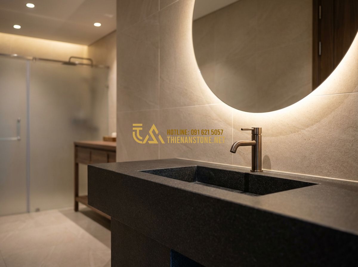 Lavabo Đá Hoa Cương & Đá Granite: Độ Bền Cao, Dễ Vệ Sinh Cho Nhà Tắm Hiện Đại - Create a professional interior design photograph of a luxury modern bathroom fea