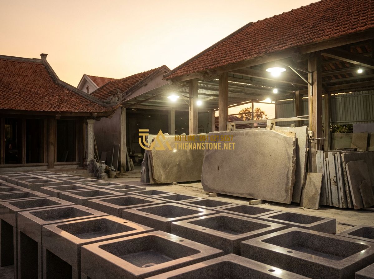 Lavabo Đá Hoa Cương & Đá Granite: Độ Bền Cao, Dễ Vệ Sinh Cho Nhà Tắm Hiện Đại - A wide shot of the Thien An Stone workshop at sunset. Skillful artisans are seen