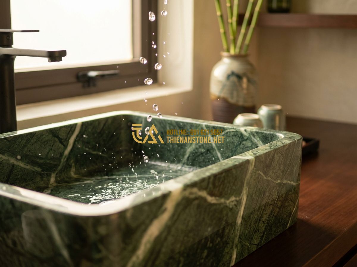 Lavabo Đá Hoa Cương & Đá Granite: Độ Bền Cao, Dễ Vệ Sinh Cho Nhà Tắm Hiện Đại - Close-up of clean water splashing into a dark granite sink. The water droplets a