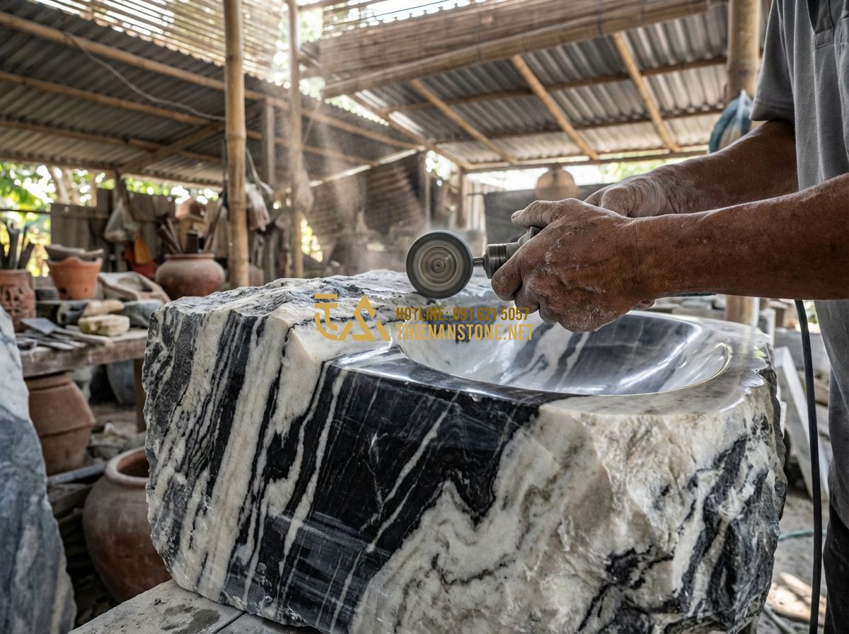 Lavabo Đá Hoa Cương & Đá Granite: Độ Bền Cao, Dễ Vệ Sinh Cho Nhà Tắm Hiện Đại - A detailed close-up shot of a craftsman's hands polishing a raw granite block in