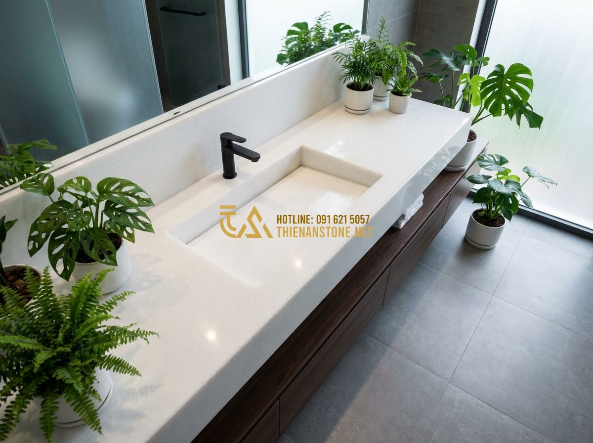 Lavabo Đá Hoa Cương & Đá Granite: Độ Bền Cao, Dễ Vệ Sinh Cho Nhà Tắm Hiện Đại - High-angle wide shot of a contemporary master bathroom featuring a black galaxy