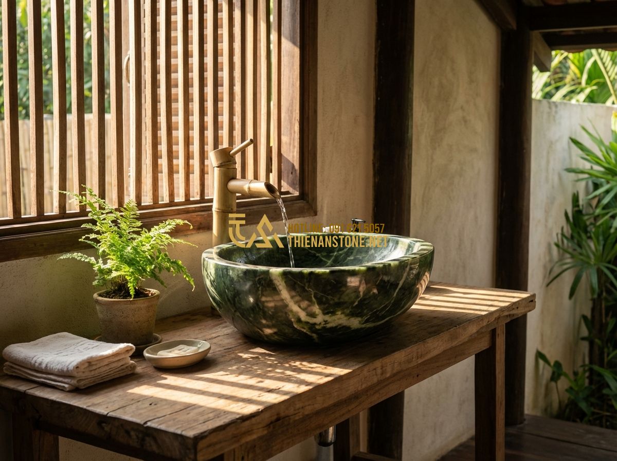 Lavabo Đá Hoa Cương & Đá Granite: Độ Bền Cao, Dễ Vệ Sinh Cho Nhà Tắm Hiện Đại - A zen-inspired bathroom scene focusing on a natural granite stone sink placed on