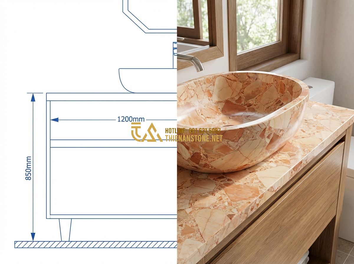 Lavabo Đá Hoa Cương & Đá Granite: Độ Bền Cao, Dễ Vệ Sinh Cho Nhà Tắm Hiện Đại - A technical but aesthetic illustration showing a blueprint of a bathroom vanity