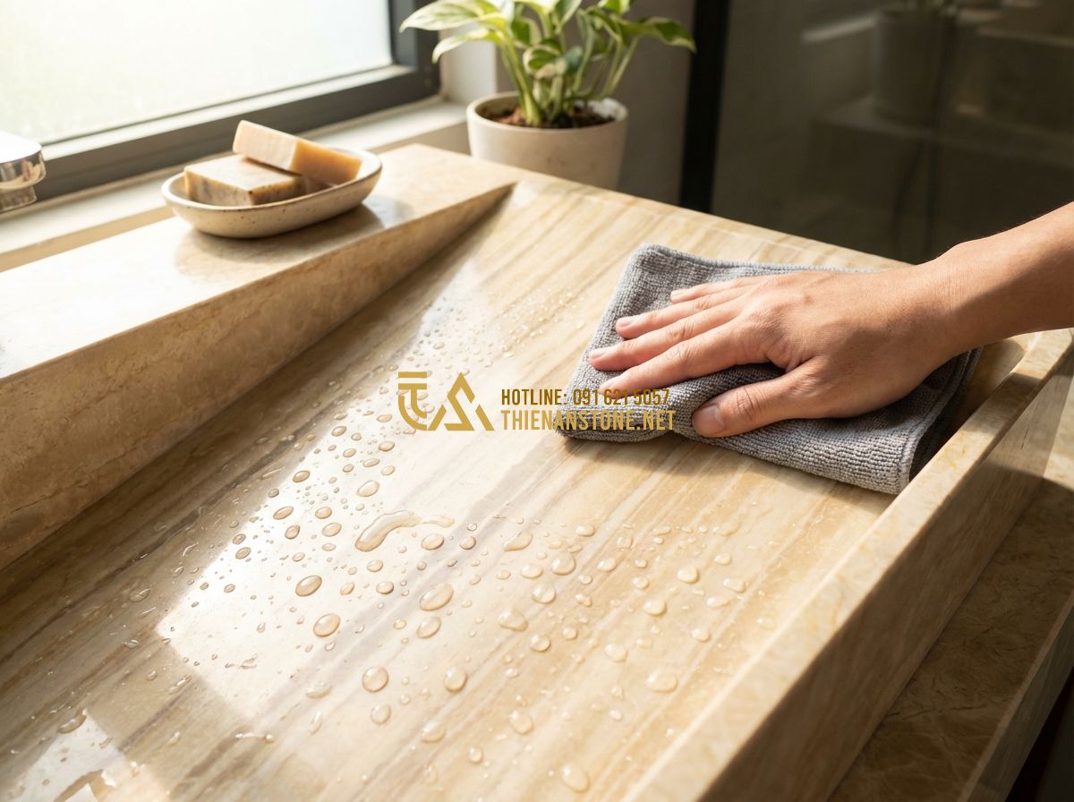 Lavabo Đá Hoa Cương & Đá Granite: Độ Bền Cao, Dễ Vệ Sinh Cho Nhà Tắm Hiện Đại - A lifestyle image showing a person's hand using a soft microfiber cloth to gentl