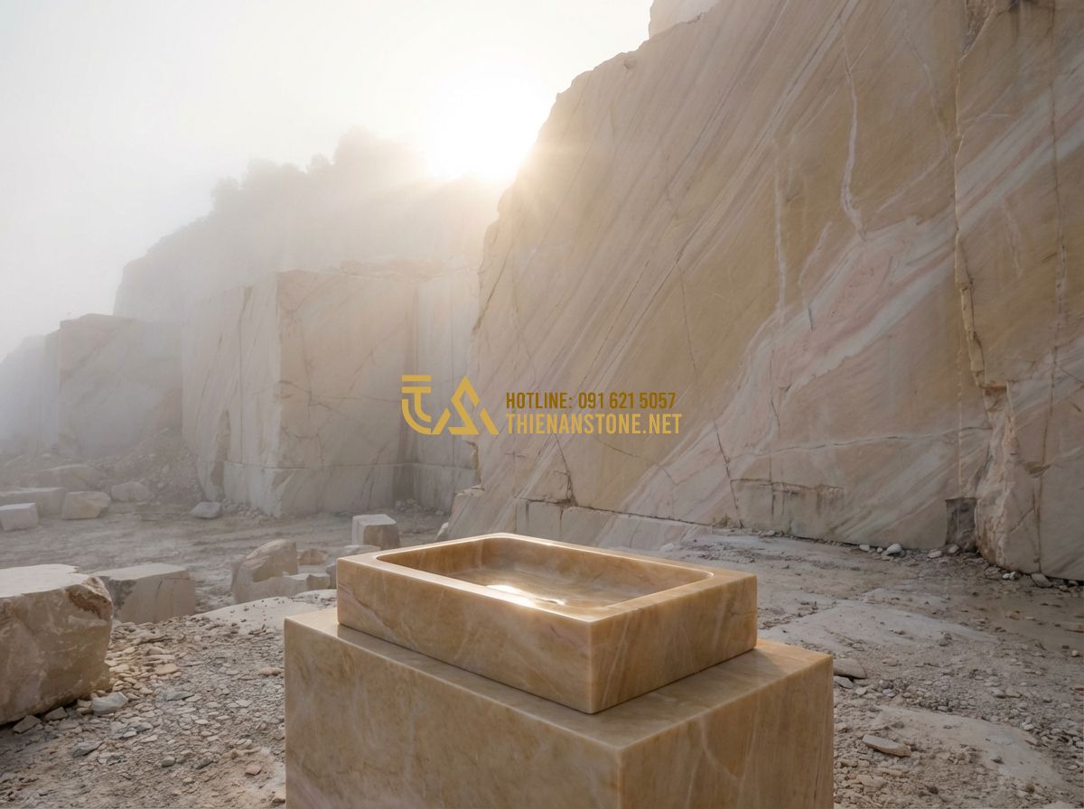 Lavabo Đá Hoa Cương & Đá Granite: Độ Bền Cao, Dễ Vệ Sinh Cho Nhà Tắm Hiện Đại - An evocative cinematic shot of a stone quarry at dawn, showing the scale of the