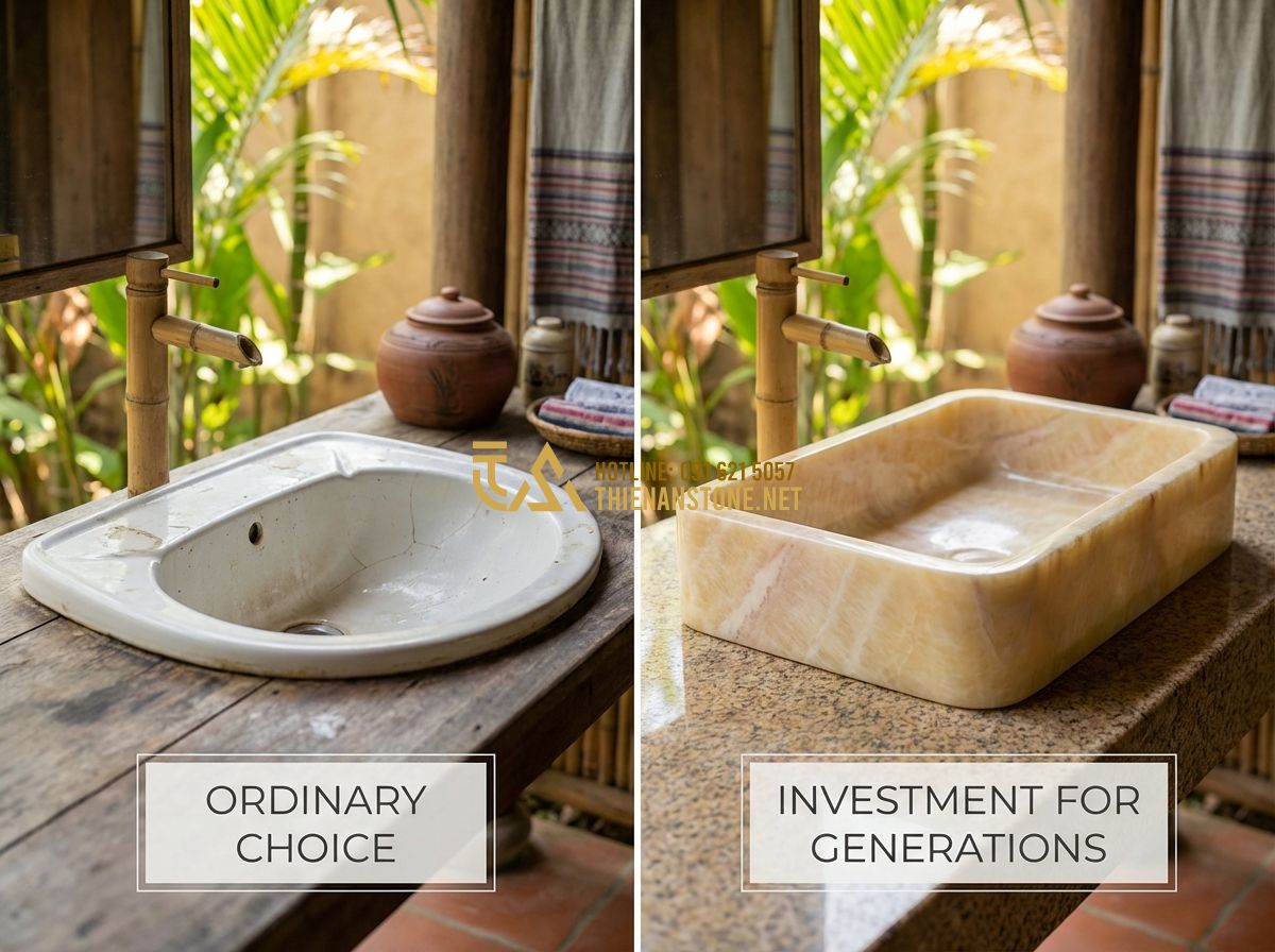 Lavabo Đá Hoa Cương & Đá Granite: Độ Bền Cao, Dễ Vệ Sinh Cho Nhà Tắm Hiện Đại - A side-by-side visual comparison showing a worn, stained ceramic sink next to a
