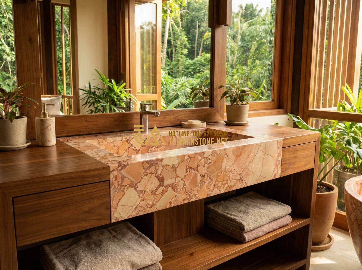 Lavabo Đá Hoa Cương & Đá Granite: Độ Bền Cao, Dễ Vệ Sinh Cho Nhà Tắm Hiện Đại - A high-end bathroom vanity featuring a solid walnut wood counter with an under-m