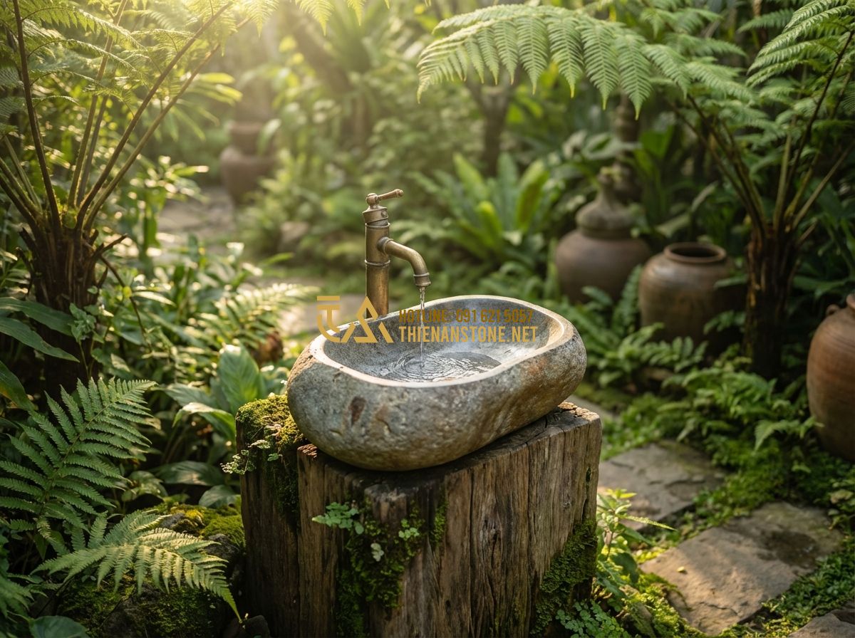 Lavabo Đá Ngoài Trời & Lavabo Đá Tự Nhiên Cho Khu Vườn, Ban Công Đẹp Nhất - Create a high-quality professional photograph of a rustic outdoor garden scene a