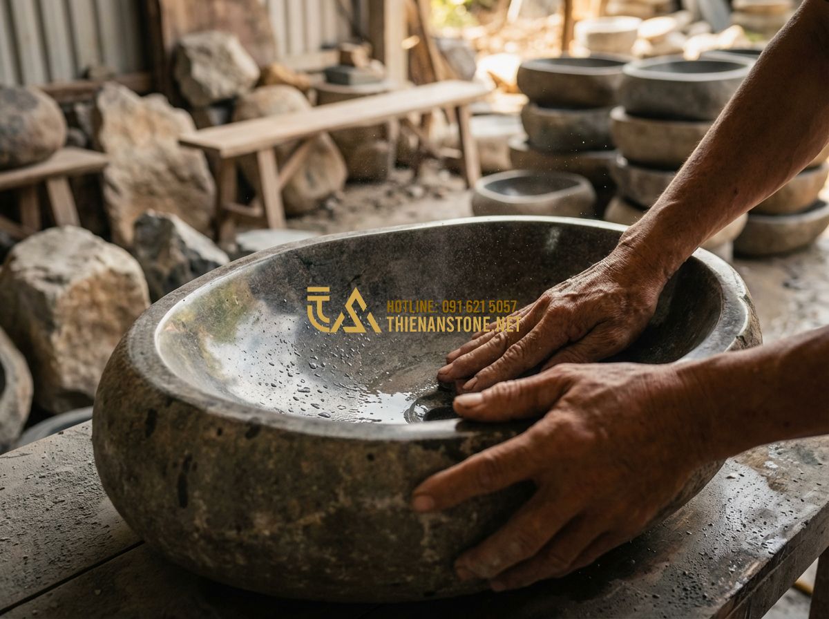Lavabo Đá Ngoài Trời & Lavabo Đá Tự Nhiên Cho Khu Vườn, Ban Công Đẹp Nhất - A detailed close-up shot of a craftsman's hands carefully polishing the interior