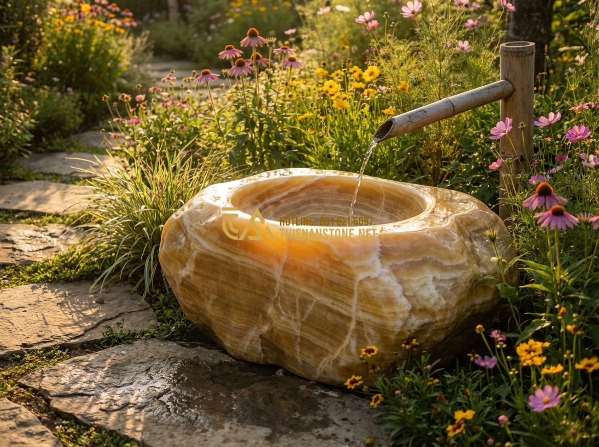 Lavabo Đá Ngoài Trời & Lavabo Đá Tự Nhiên Cho Khu Vườn, Ban Công Đẹp Nhất - An artistic outdoor landscape design featuring a natural stone washbasin integra